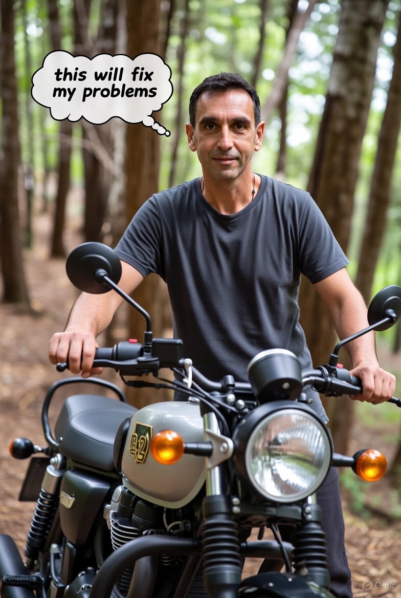 A Dad having a mid life crisis buying a motorcycle